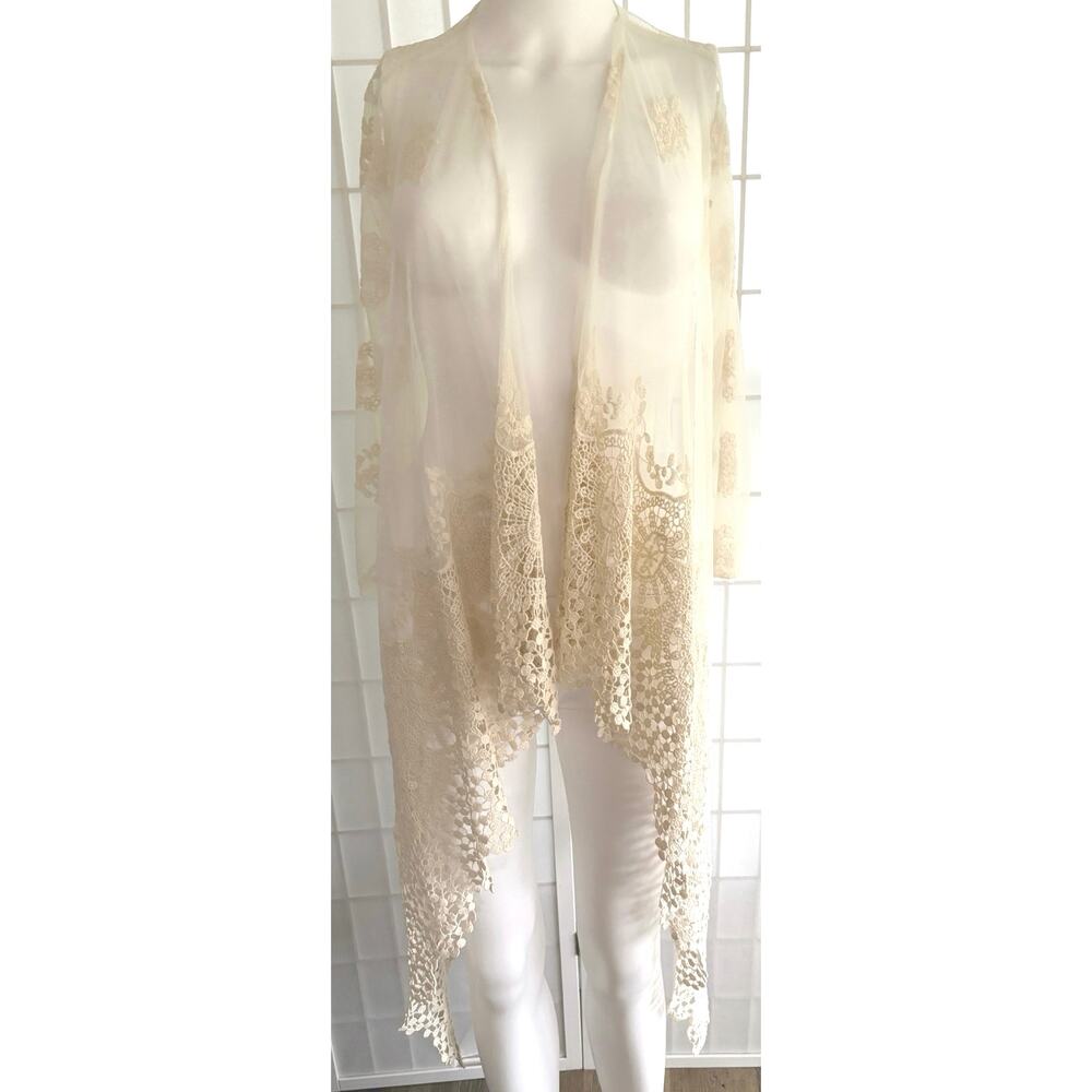 Ivory Sheer Lace Kimono Duster M/L Boho Festival Cover Up Open Cardigan